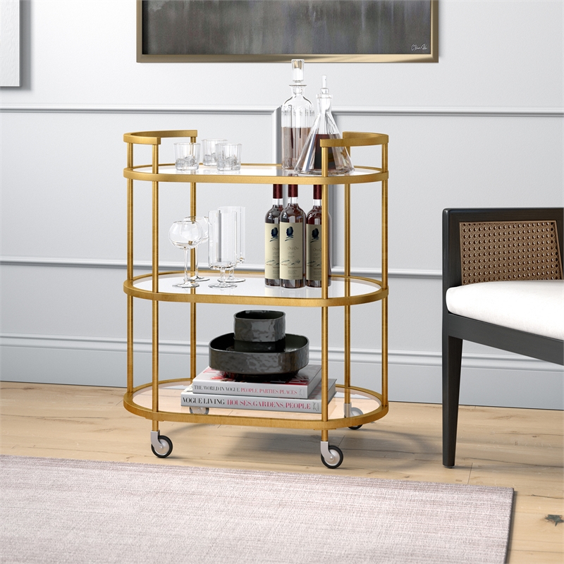 Pemberly Row Brass Metal and Glass Bar Cart with Wheels and Handles