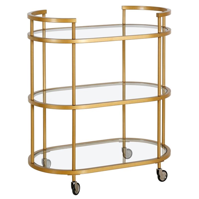 Pemberly Row Brass Metal and Glass Bar Cart with Wheels and Handles