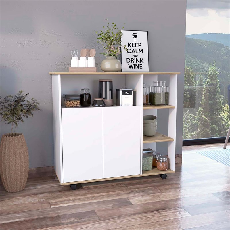 Pemberly Row Wood Kitchen Island with 4 Open Shelves in Light Oak/White