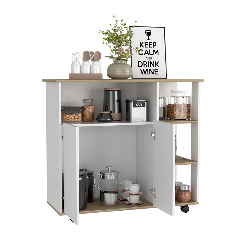 Pemberly Row Wood Kitchen Island with 4 Open Shelves in Light Oak/White
