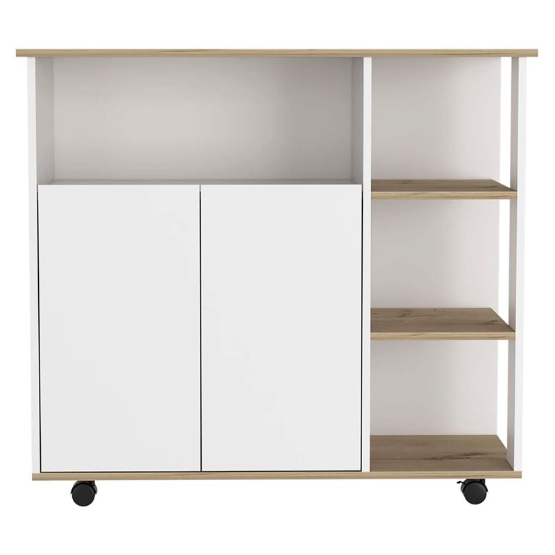 Pemberly Row Wood Kitchen Island with 4 Open Shelves in Light Oak/White