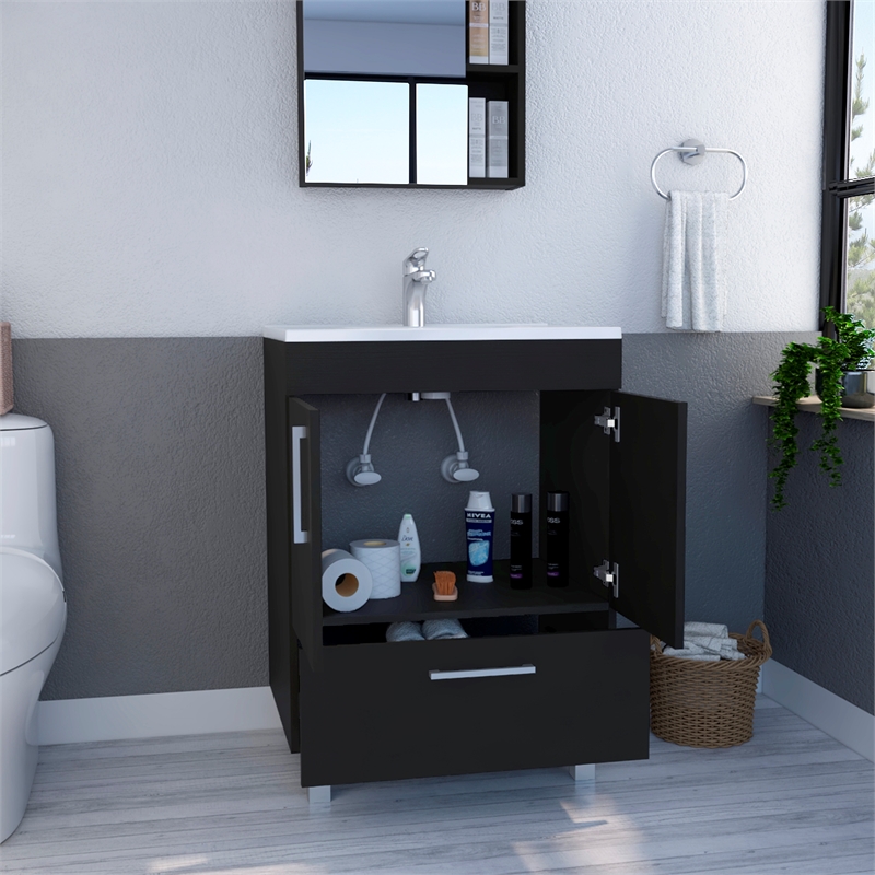 Pemberly Row Single Bathroom Vanity with 2-Door Cabinet in Black