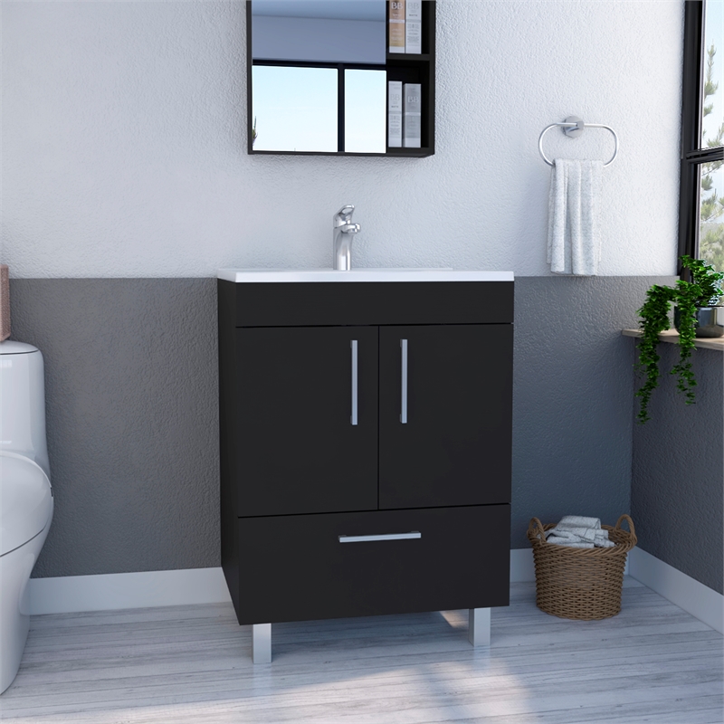 Pemberly Row Single Bathroom Vanity with 2-Door Cabinet in Black