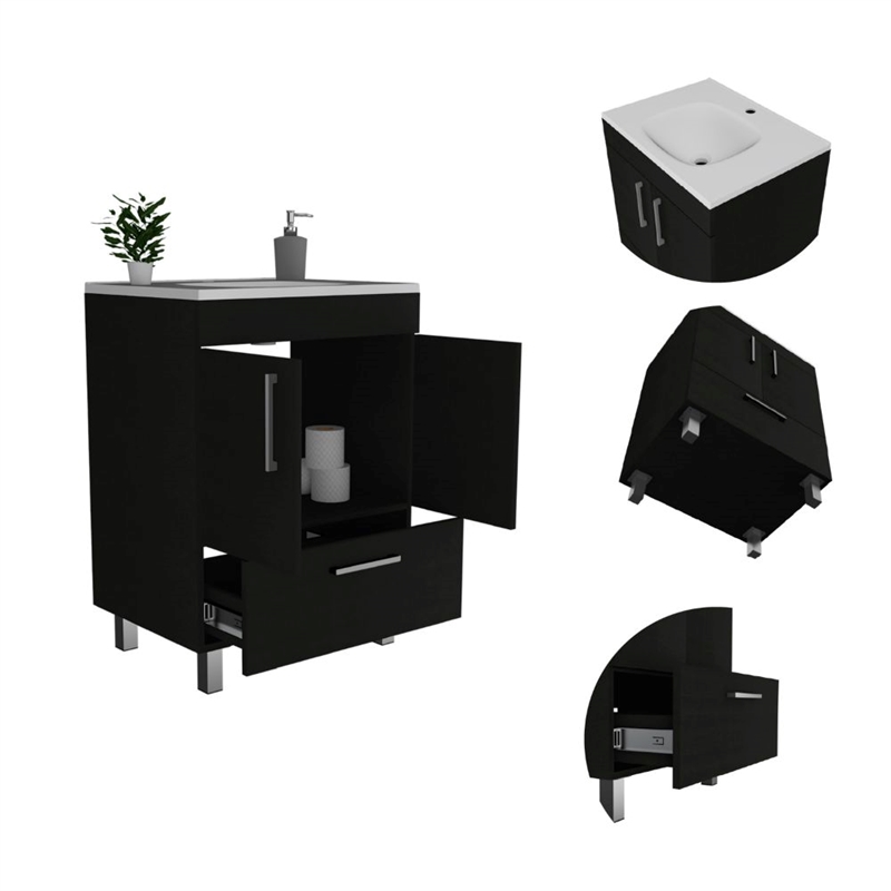 Pemberly Row Single Bathroom Vanity with 2-Door Cabinet in Black