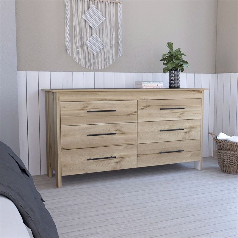 Pemberly Row 6-Drawer Engineered Wood Dresser in Light Oak/White