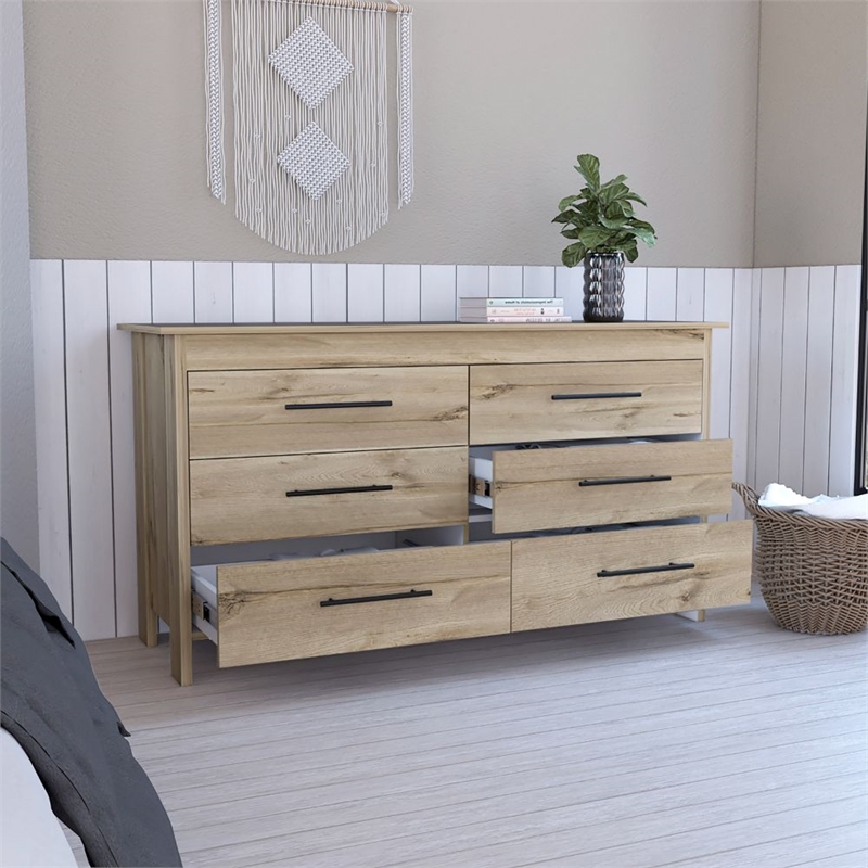 Pemberly Row 6-Drawer Engineered Wood Dresser in Light Oak/White