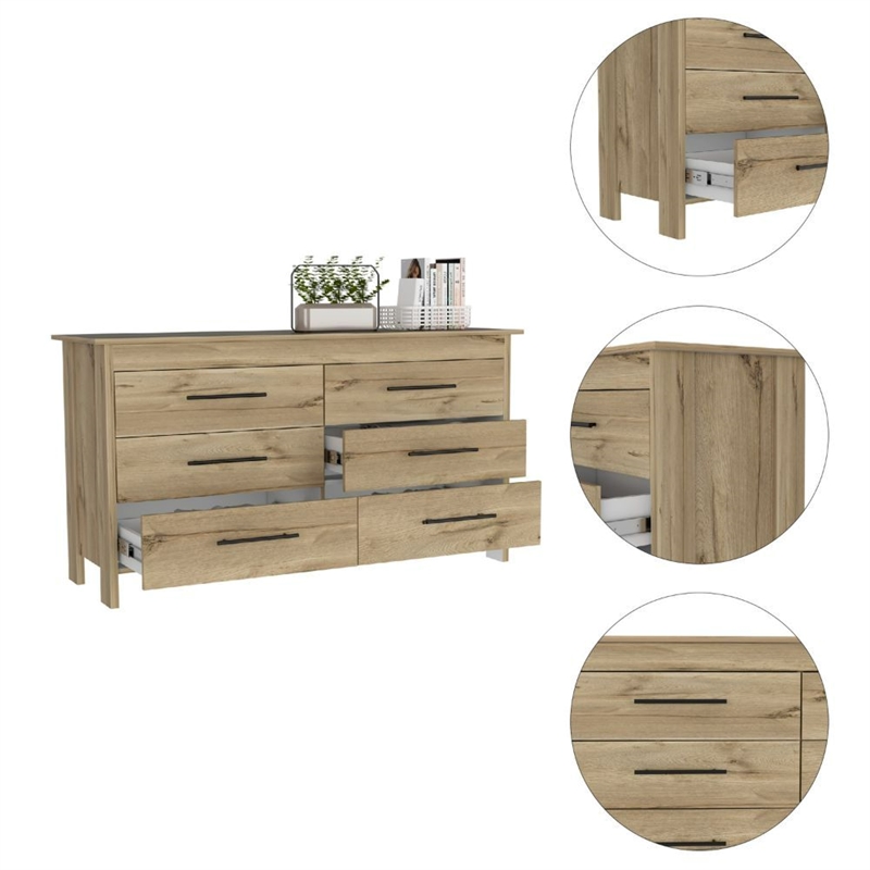 Pemberly Row 6-Drawer Engineered Wood Dresser in Light Oak/White