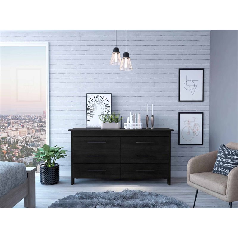Pemberly Row Luxor 6-Drawer Double Dresser in Black