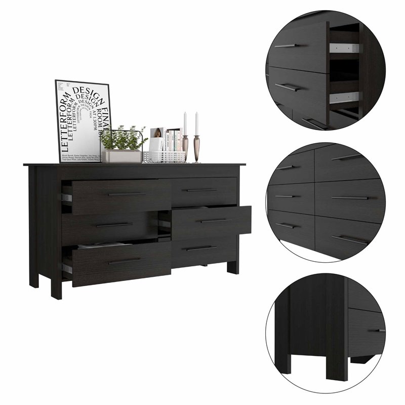 Pemberly Row Luxor 6-Drawer Double Dresser in Black