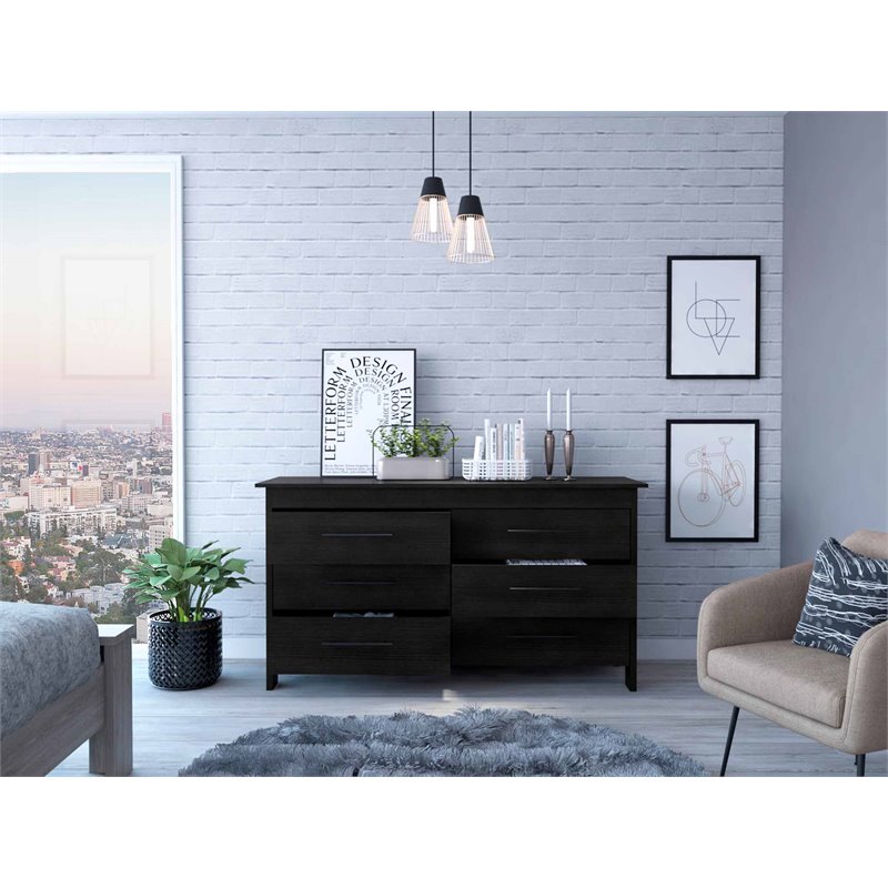 Pemberly Row Luxor 6-Drawer Double Dresser in Black