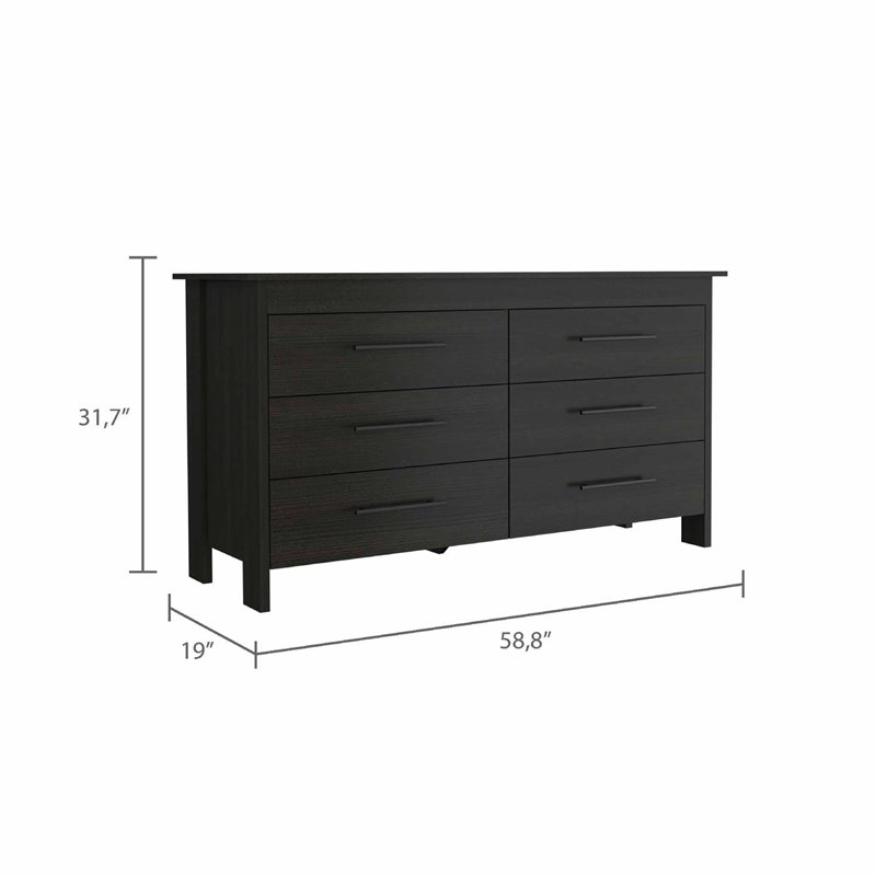 Pemberly Row Luxor 6-Drawer Double Dresser in Black