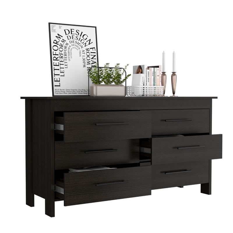 Pemberly Row Luxor 6-Drawer Double Dresser in Black