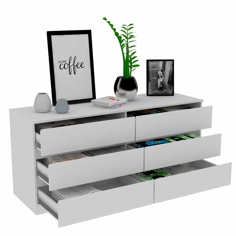 Pemberly Row 6-Drawer Wood Double Dresser in White Finish