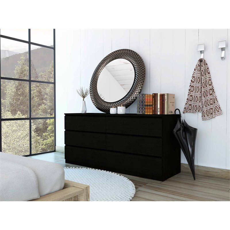Pemberly Row 6-Drawer Wood Double Dresser in Black Finish