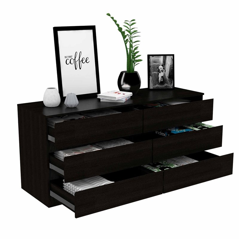 Pemberly Row 6-Drawer Wood Double Dresser in Black Finish
