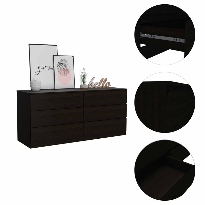 Pemberly Row 6-Drawer Wood Double Dresser in Black Finish