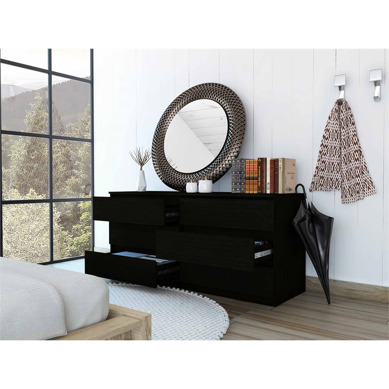 Pemberly Row 6-Drawer Wood Double Dresser in Black Finish