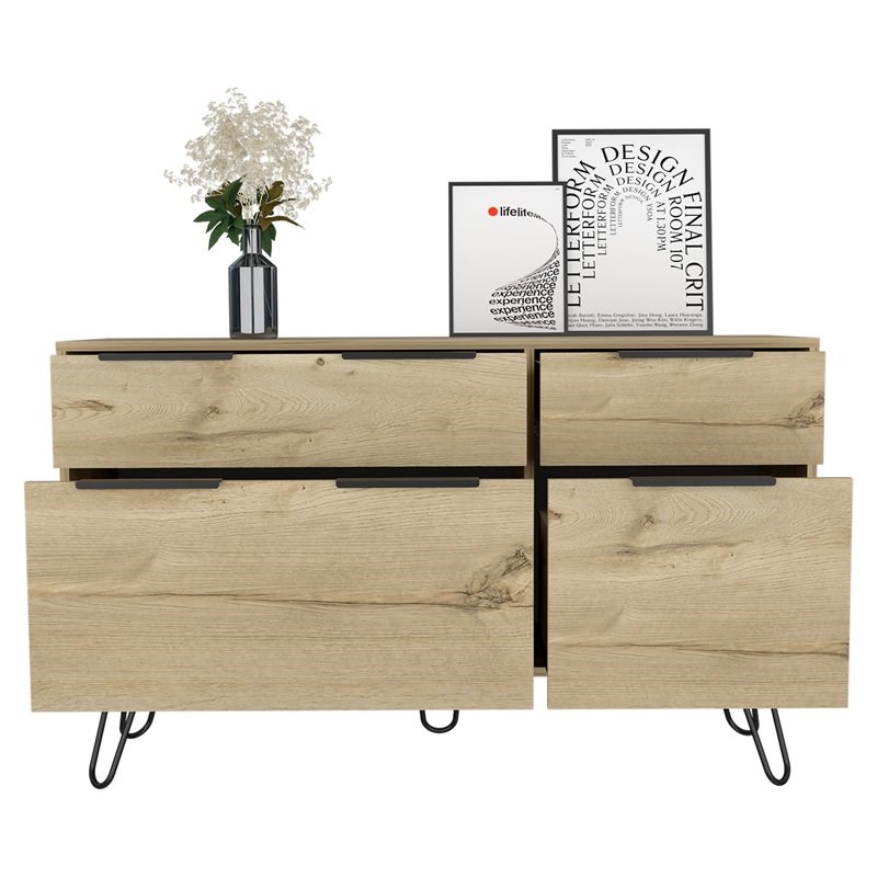 Pemberly Row Modern Metal Dresser with 4 Drawers in Light Oak