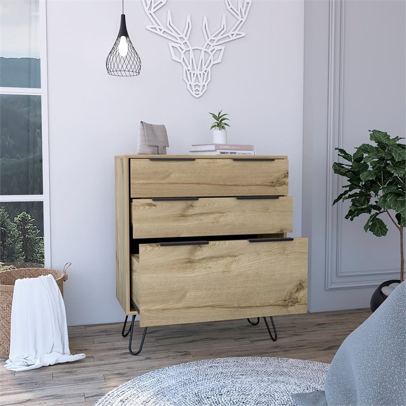 Pemberly Row Metal Dresser with 3 Drawers and Countertop in Light Oak