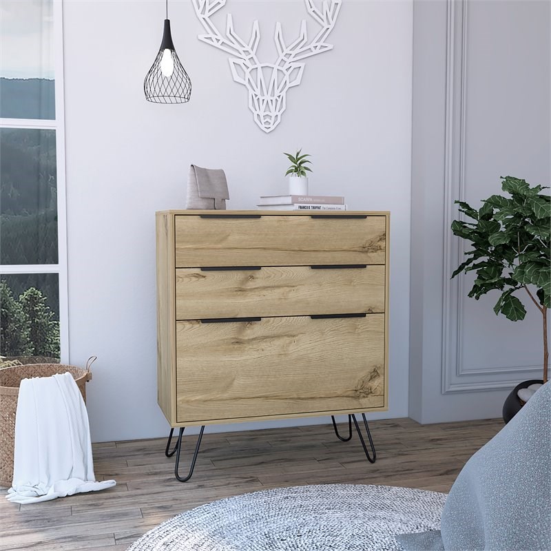 Pemberly Row Metal Dresser with 3 Drawers and Countertop in Light Oak