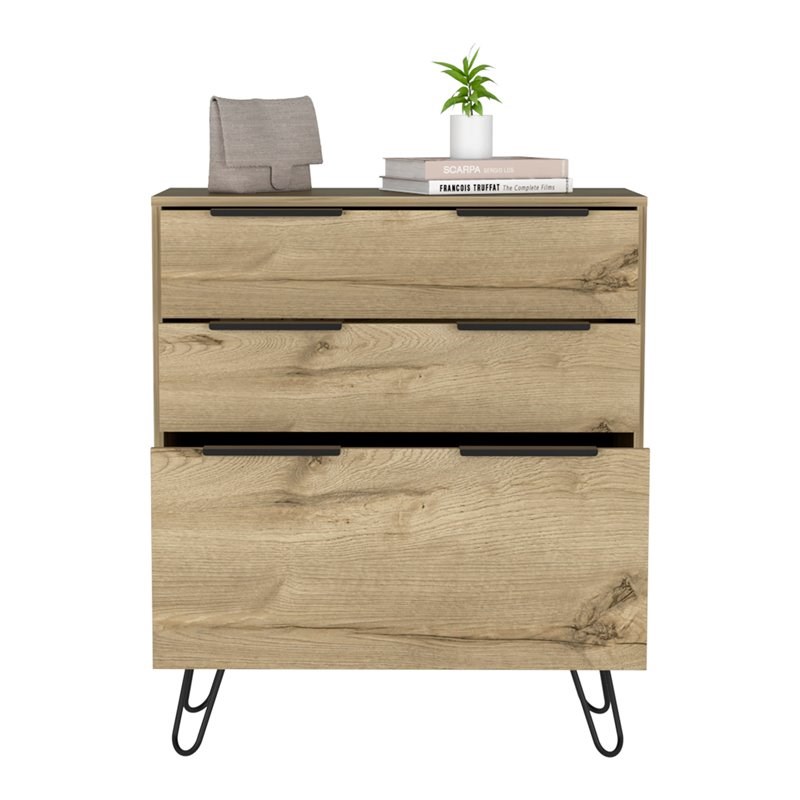 Pemberly Row Metal Dresser with 3 Drawers and Countertop in Light Oak