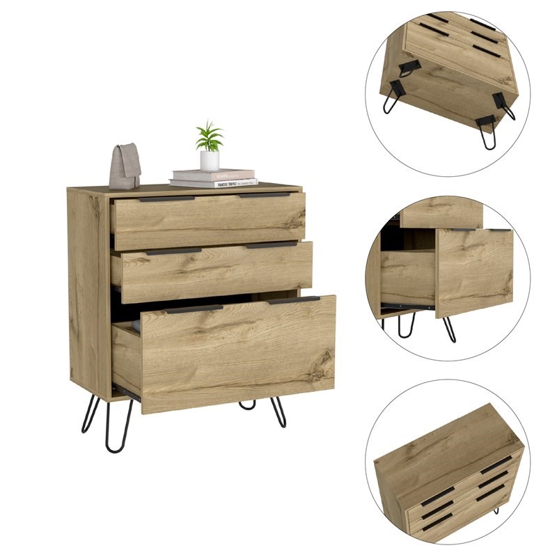 Pemberly Row Metal Dresser with 3 Drawers and Countertop in Light Oak