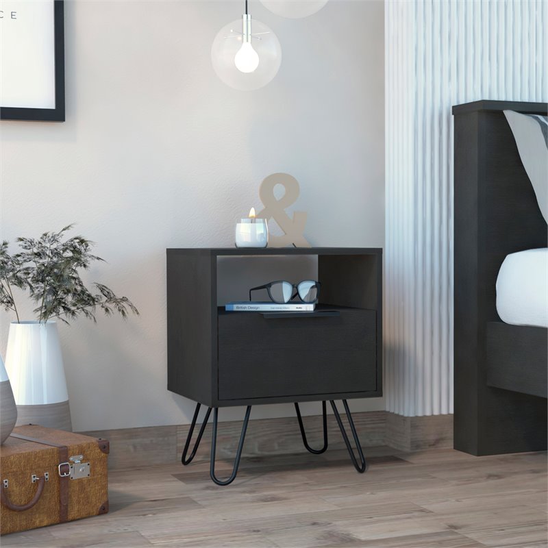 Pemberly Row Modern Metal Night Stand with 2 Shelves in Light Oak