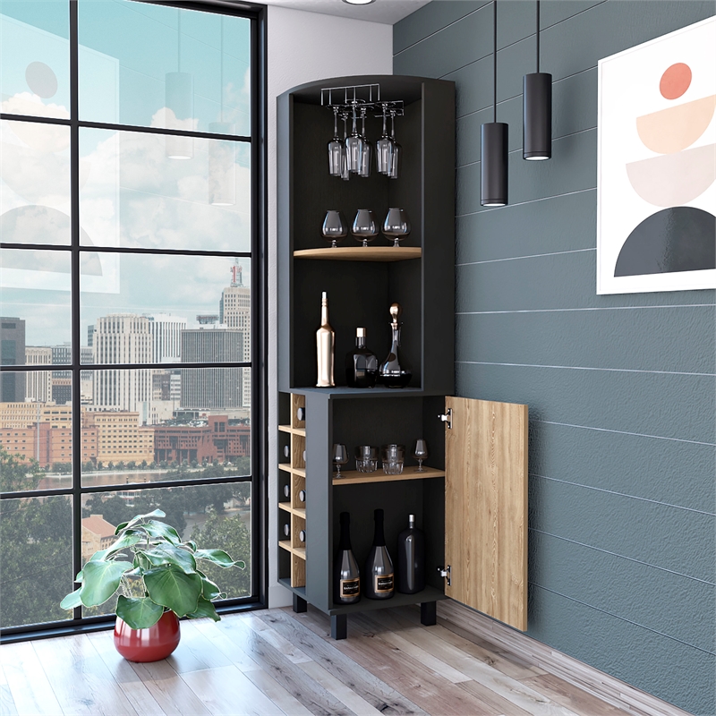 Pemberly Row Corner Bar Cabinet Engineered Wood in Black Wengue/Pine