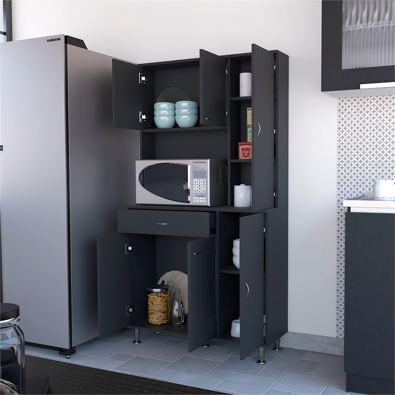 Pemberly Row Pantry Cabinet with 6 Doors Engineered Wood in Black