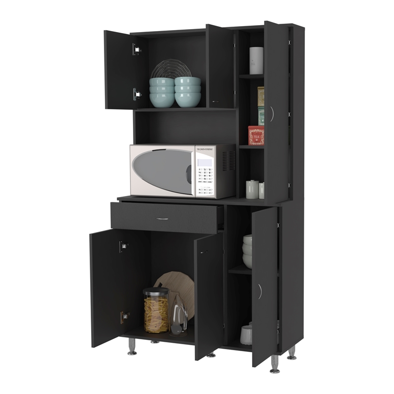 Pemberly Row Pantry Cabinet with 6 Doors Engineered Wood in Black