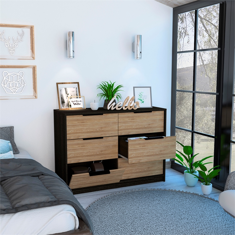 Pemberly Row Slide and Pull Dresser with 4 Drawers Engineered Wood in Black