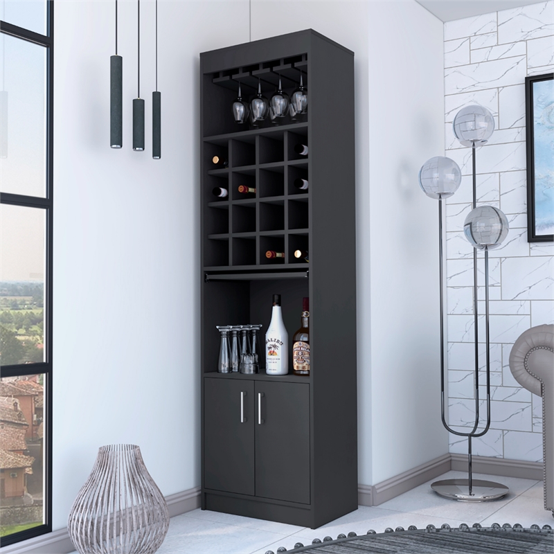 Pemberly Row 20 Inch 2 Door Modern Engineered Wood Bar Cabinet in Black