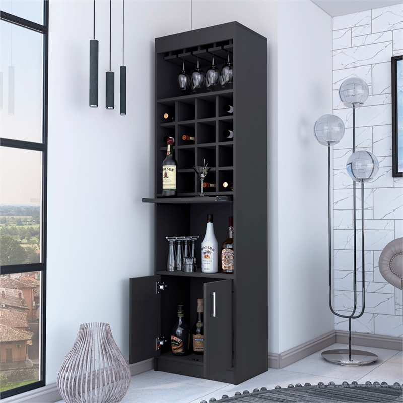 Pemberly Row 20 Inch 2 Door Modern Engineered Wood Bar Cabinet in Black