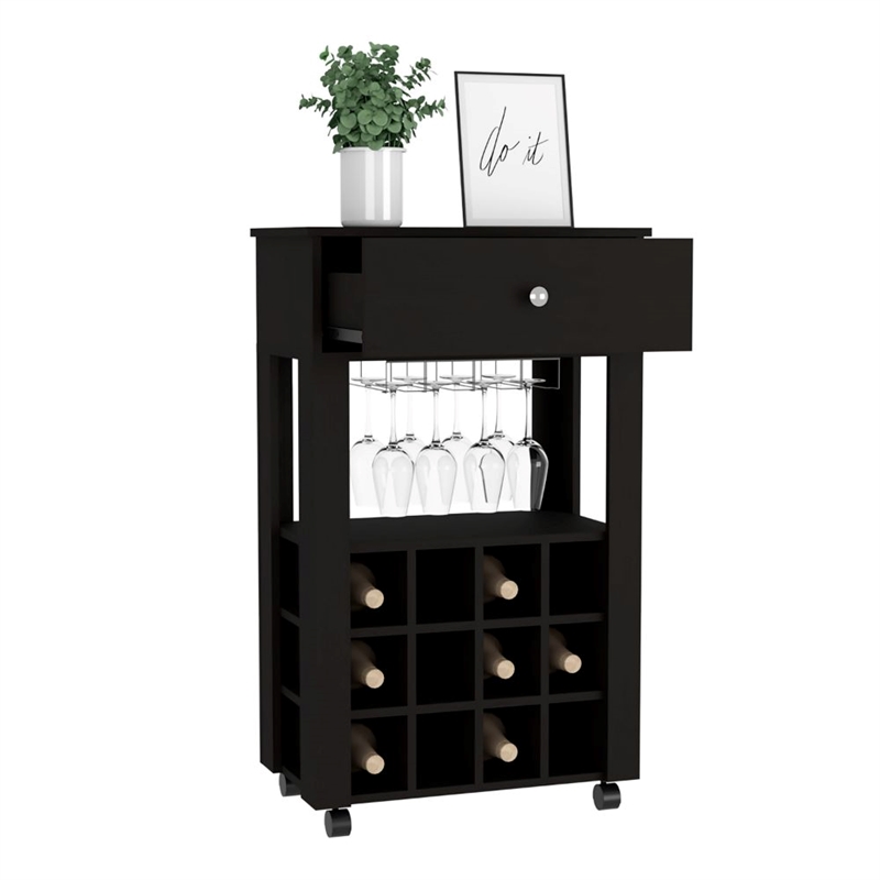 Pemberly Row 12 Bottle Bar Cart with Casters Engineered Wood in Black