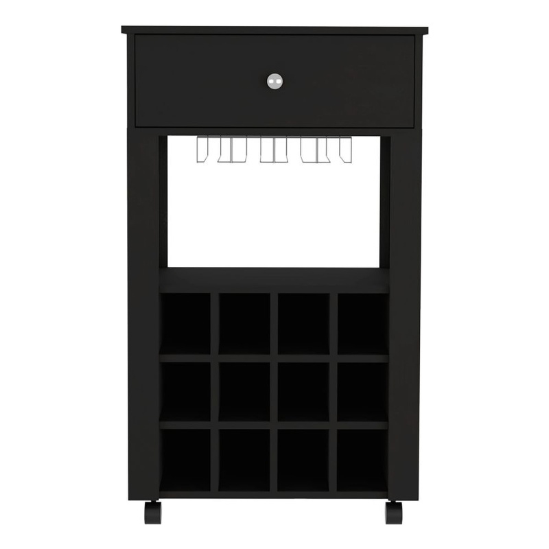 Pemberly Row 12 Bottle Bar Cart with Casters Engineered Wood in Black