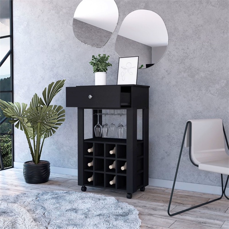 Pemberly Row 12 Bottle Bar Cart with Casters Engineered Wood in Black