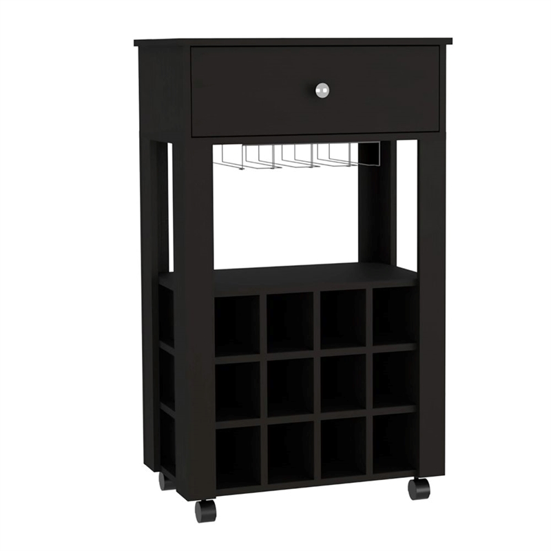 Pemberly Row 12 Bottle Bar Cart with Casters Engineered Wood in Black