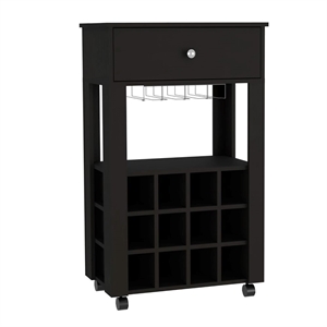 Pemberly Row 12 Bottle Bar Cart with Casters Engineered Wood in Black