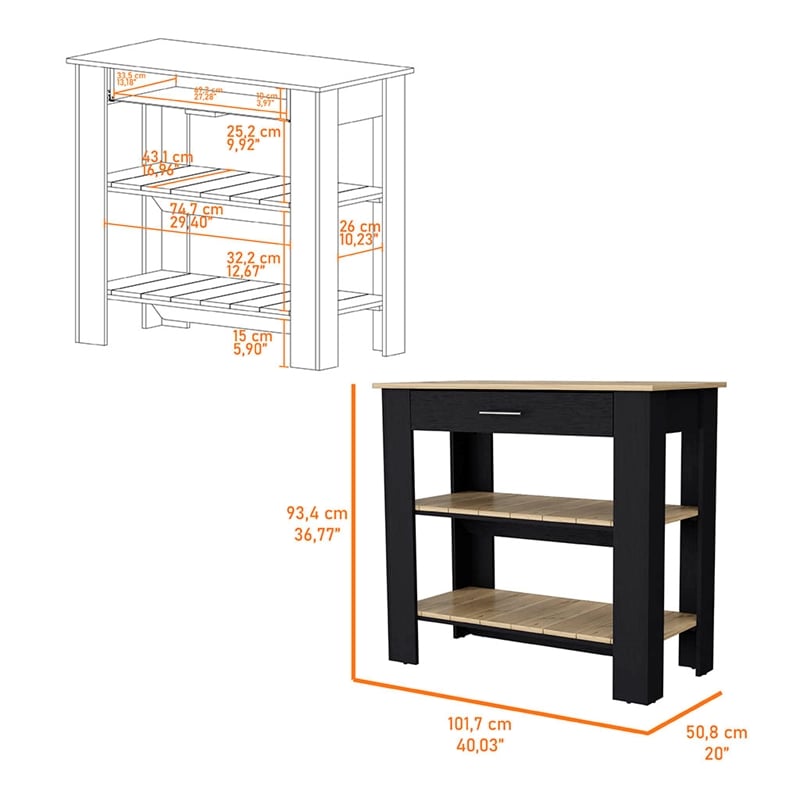 Pemberly Row 2 Shelf Modern Engineered Wood Kitchen Island in Black/Oak