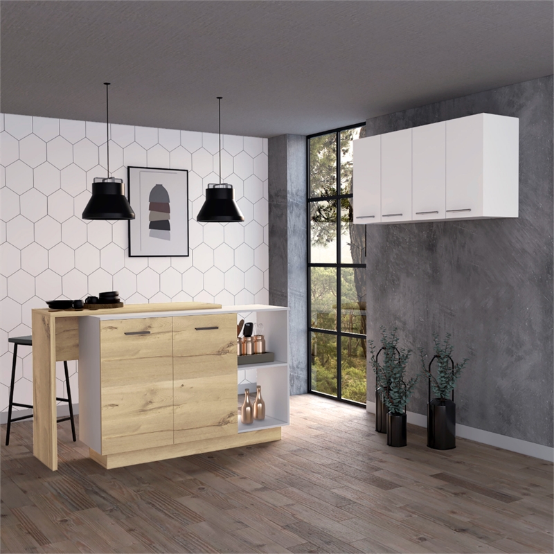 Pemberly Row 2 Piece Kitchen Set with Island and Wall Cabinet in White/Oak