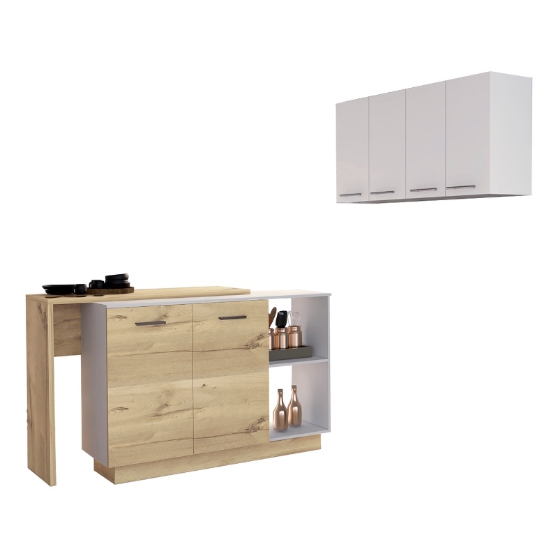 Pemberly Row 2 Piece Kitchen Set with Island and Wall Cabinet in White/Oak