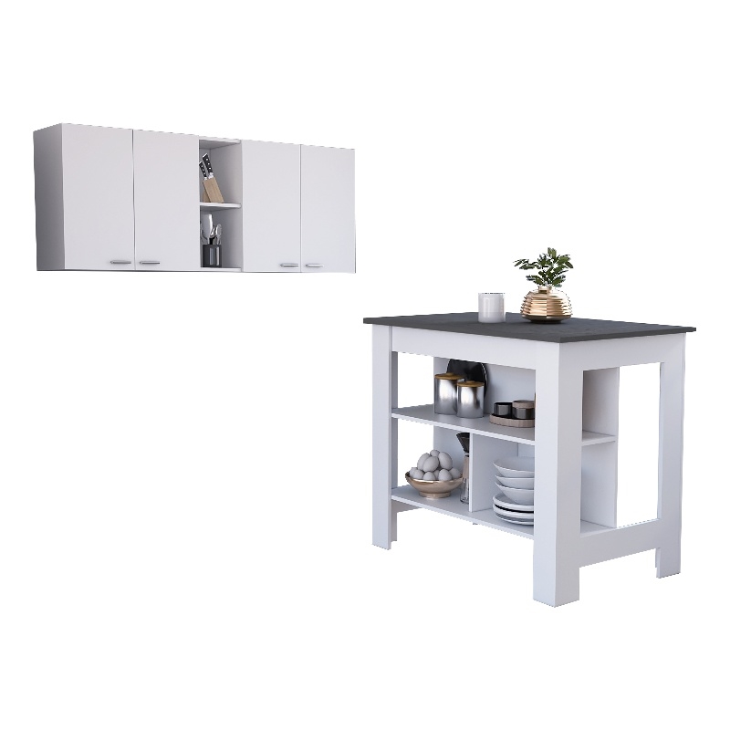 Pemberly Row 2 Piece Kitchen Set with Island and Wall Cabinet in White/Onyx