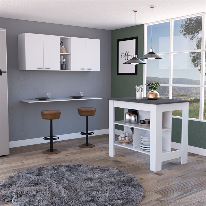 Pemberly Row 2 Piece Kitchen Set with Island and Wall Cabinet in White/Onyx