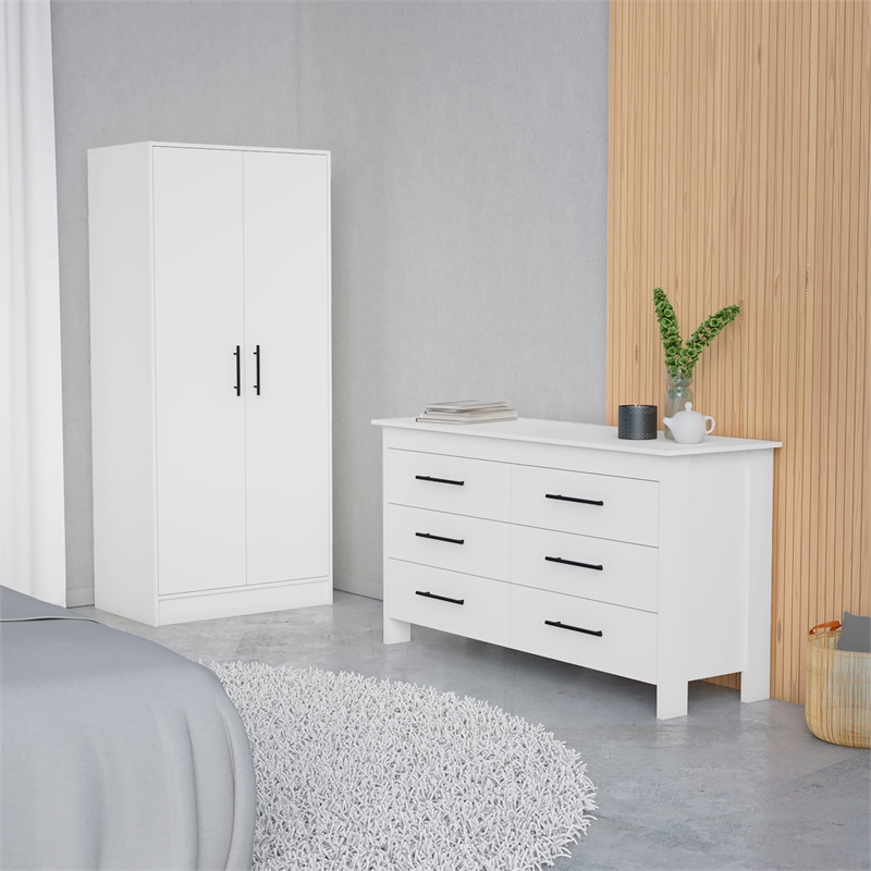 Pemberly Row 2 Piece Bedroom Set with Armoire and Dresser in White