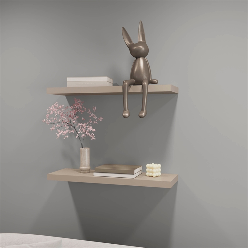 Pemberly Row Floating Wall Shelf Set of 2 Engineered Wood in Taupe