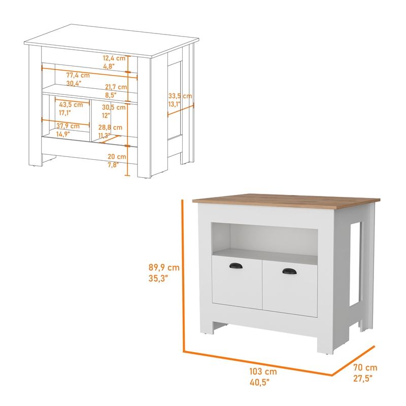 Pemberly Row Kitchen Island with 2 Doors and 3 Shelves in White