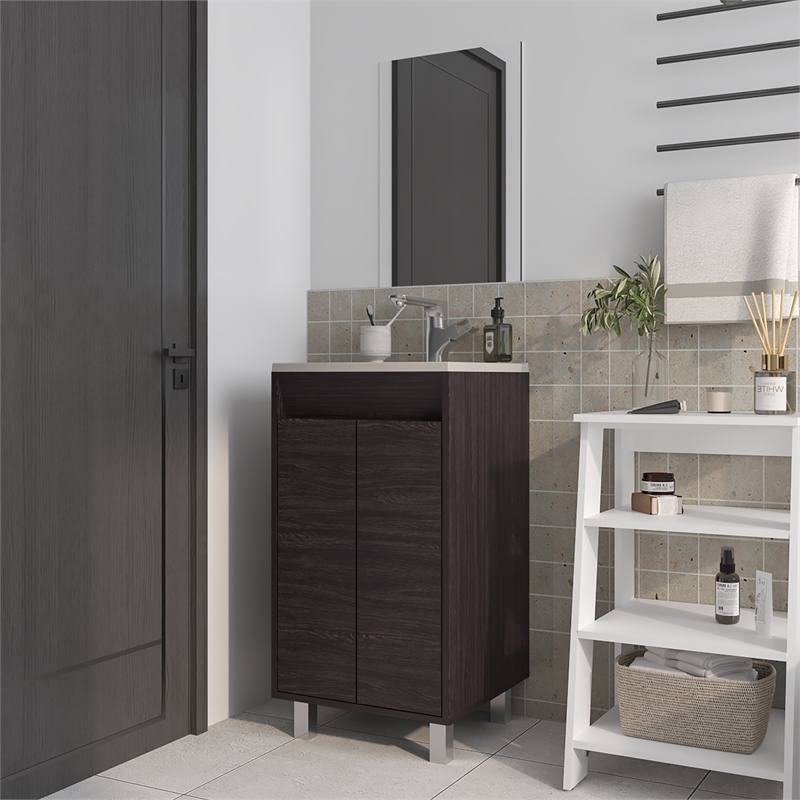 Pemberly Row Bathroom Cabinet with 2 Doors and Mirror in Wengue