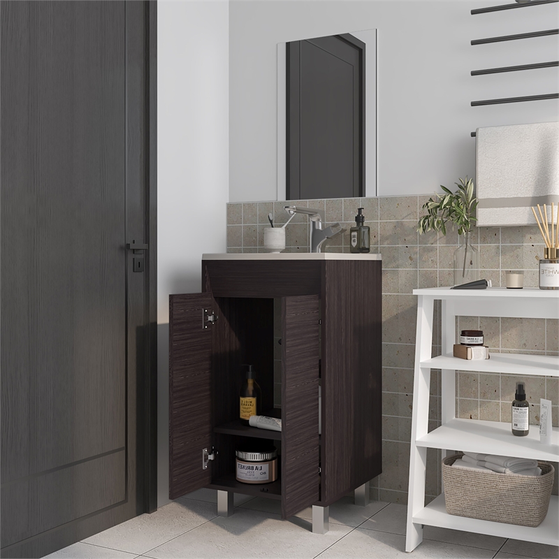 Pemberly Row Bathroom Cabinet with 2 Doors and Mirror in Wengue