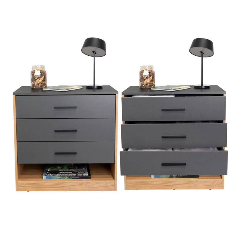 Pemberly Row Set of 2 Dressers with 3 Drawers and Open Shelf in Multi-Color