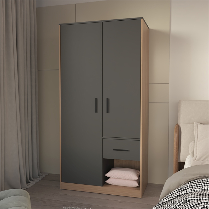 Pemberly Row Wardrobe with 2 Doors and Drawer in Matt Grey/Natural Oak
